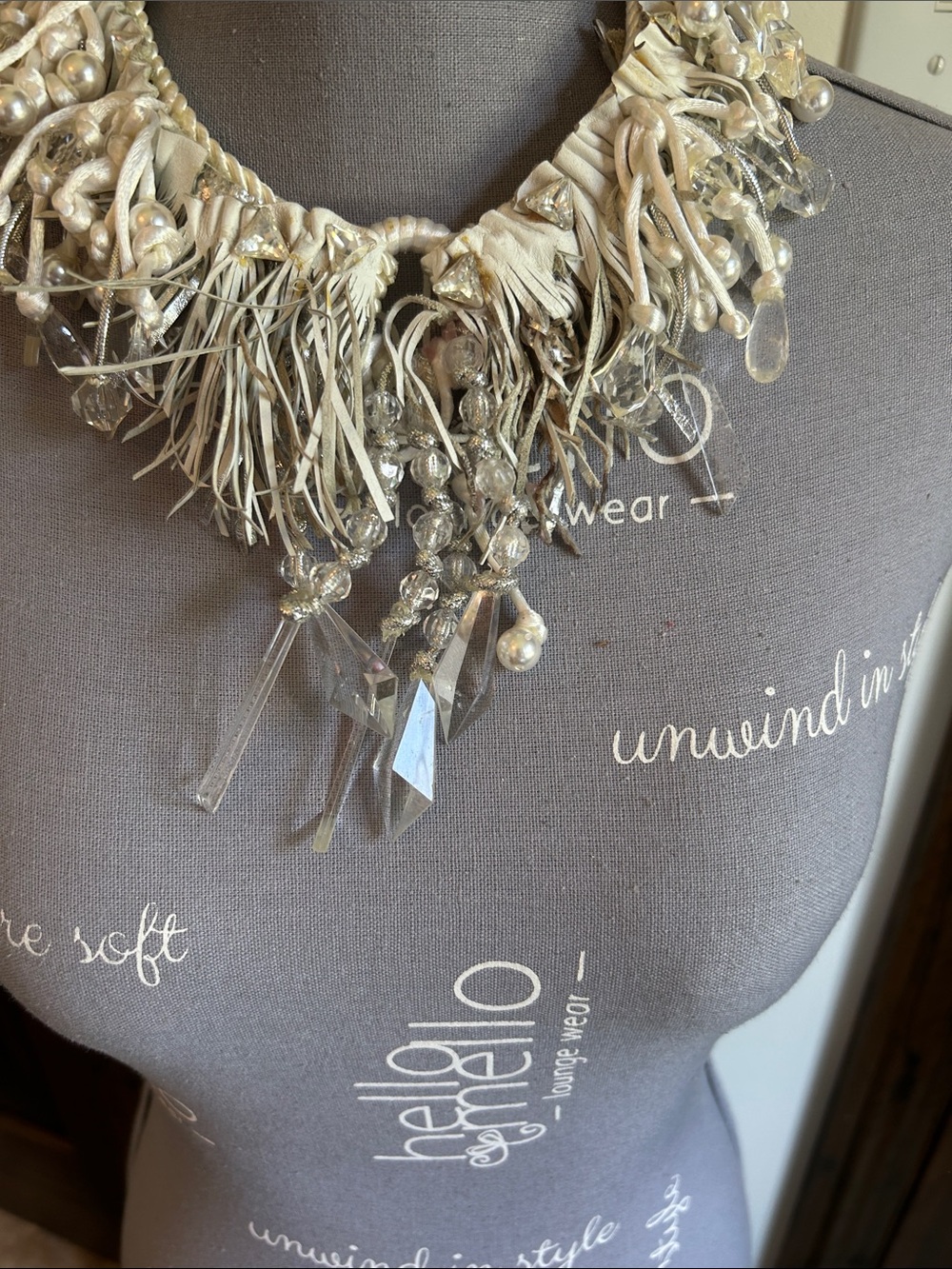 Handcrafted Ivory Statement Necklace with Crystal and Pearl Accents - Picture 2 of 16
